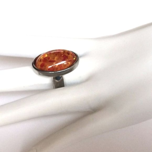 Vintage Faux Honey Amber Cocktail Ring Size 7 8 Oval Cut Silver Plated Simulated - Picture 3 of 9